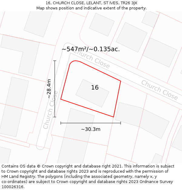 16, CHURCH CLOSE, LELANT, ST IVES, TR26 3JX: Plot and title map