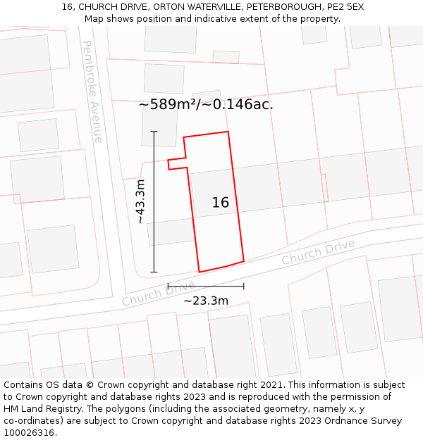 16, CHURCH DRIVE, ORTON WATERVILLE, PETERBOROUGH, PE2 5EX: Plot and title map