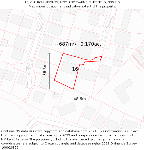 16, CHURCH HEIGHTS, HOYLANDSWAINE, SHEFFIELD, S36 7LX: Plot and title map