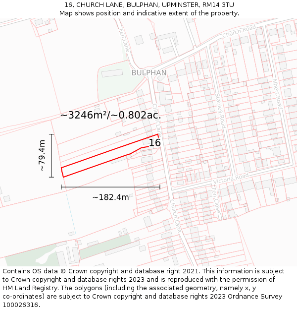 16, CHURCH LANE, BULPHAN, UPMINSTER, RM14 3TU: Plot and title map
