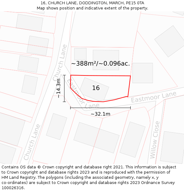 16, CHURCH LANE, DODDINGTON, MARCH, PE15 0TA: Plot and title map