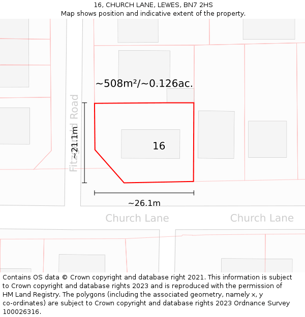 16, CHURCH LANE, LEWES, BN7 2HS: Plot and title map