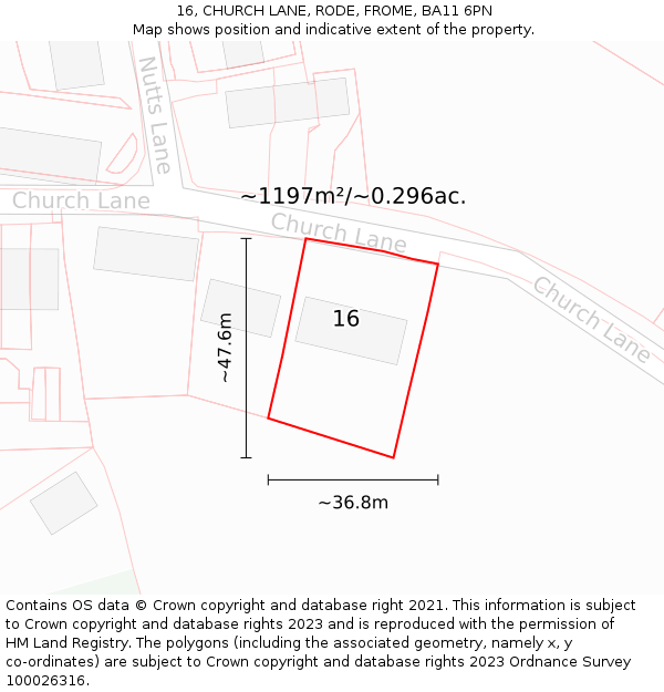 16, CHURCH LANE, RODE, FROME, BA11 6PN: Plot and title map