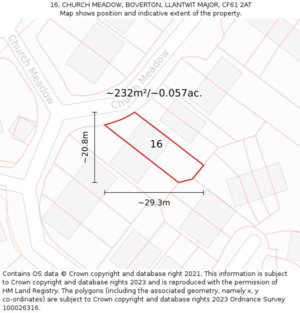 16, CHURCH MEADOW, BOVERTON, LLANTWIT MAJOR, CF61 2AT: Plot and title map