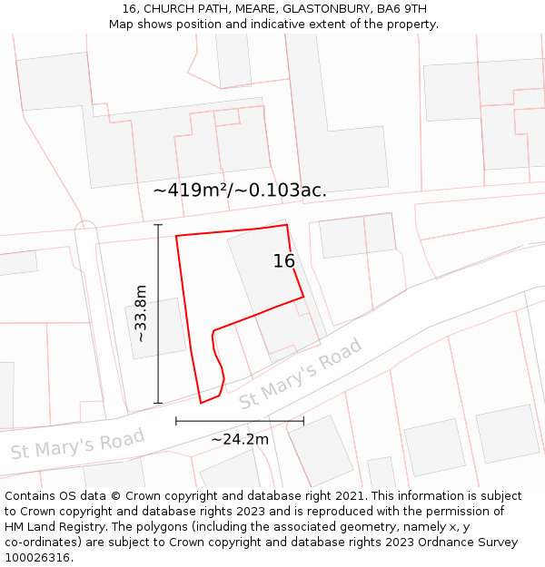 16, CHURCH PATH, MEARE, GLASTONBURY, BA6 9TH: Plot and title map