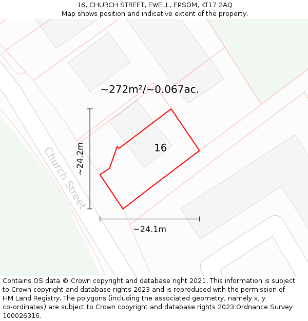 16, CHURCH STREET, EWELL, EPSOM, KT17 2AQ: Plot and title map