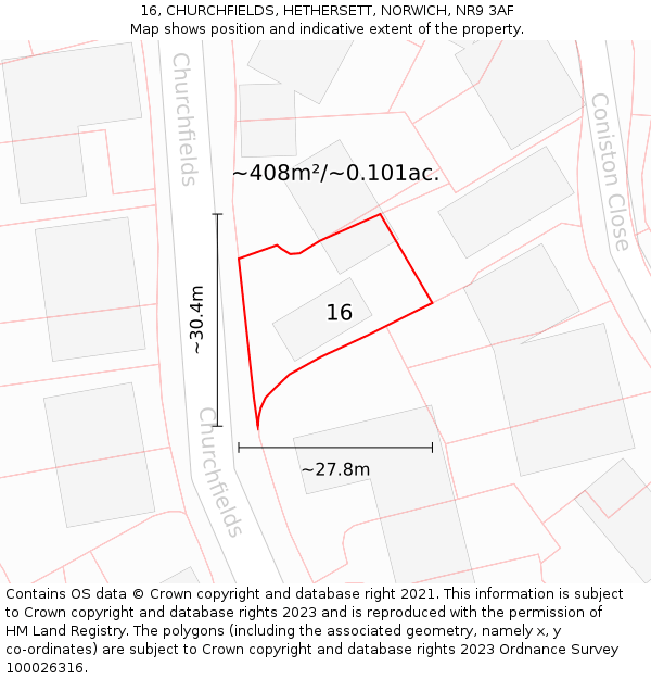 16, CHURCHFIELDS, HETHERSETT, NORWICH, NR9 3AF: Plot and title map