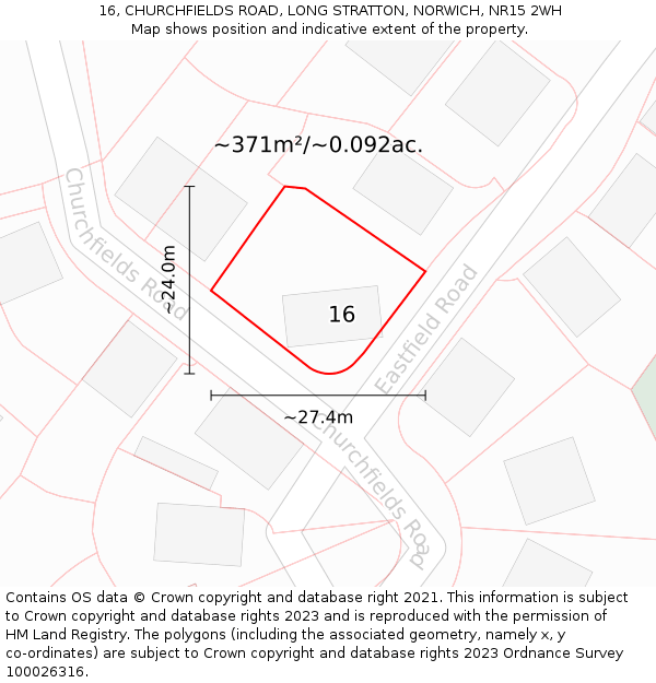 16, CHURCHFIELDS ROAD, LONG STRATTON, NORWICH, NR15 2WH: Plot and title map
