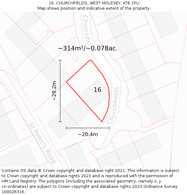 16, CHURCHFIELDS, WEST MOLESEY, KT8 1PU: Plot and title map