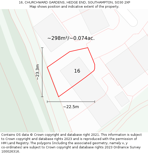 16, CHURCHWARD GARDENS, HEDGE END, SOUTHAMPTON, SO30 2XP: Plot and title map