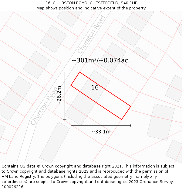 16, CHURSTON ROAD, CHESTERFIELD, S40 1HP: Plot and title map