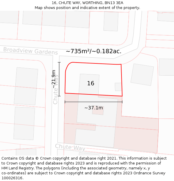 16, CHUTE WAY, WORTHING, BN13 3EA: Plot and title map