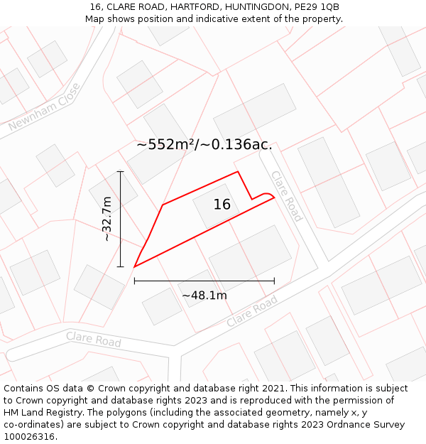 16, CLARE ROAD, HARTFORD, HUNTINGDON, PE29 1QB: Plot and title map
