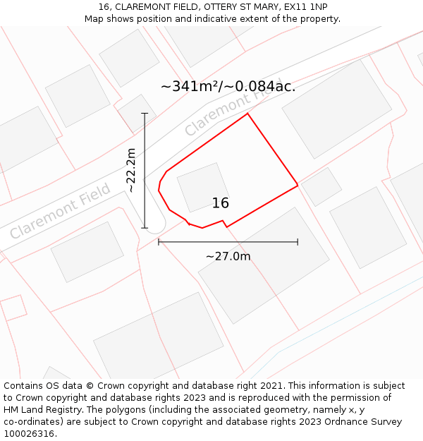 16, CLAREMONT FIELD, OTTERY ST MARY, EX11 1NP: Plot and title map