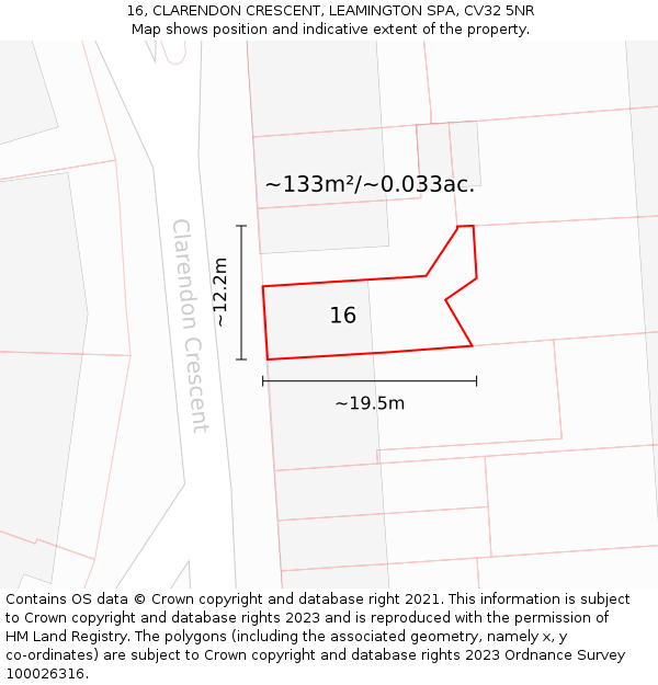 16, CLARENDON CRESCENT, LEAMINGTON SPA, CV32 5NR: Plot and title map
