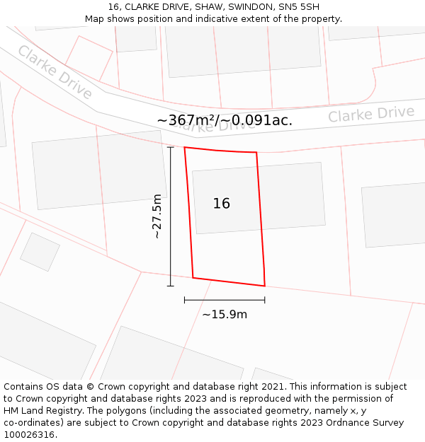 16, CLARKE DRIVE, SHAW, SWINDON, SN5 5SH: Plot and title map