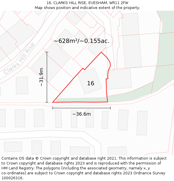 16, CLARKS HILL RISE, EVESHAM, WR11 2FW: Plot and title map