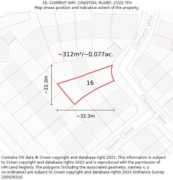 16, CLEMENT WAY, CAWSTON, RUGBY, CV22 7FH: Plot and title map