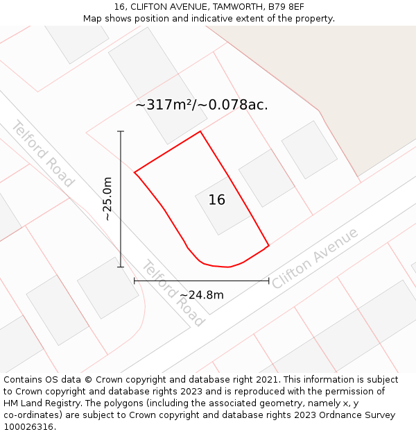 16, CLIFTON AVENUE, TAMWORTH, B79 8EF: Plot and title map