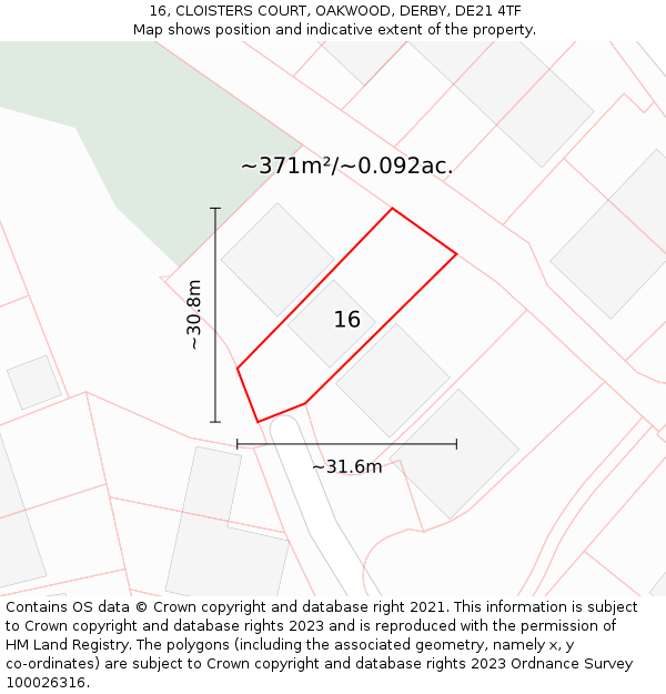 16, CLOISTERS COURT, OAKWOOD, DERBY, DE21 4TF: Plot and title map