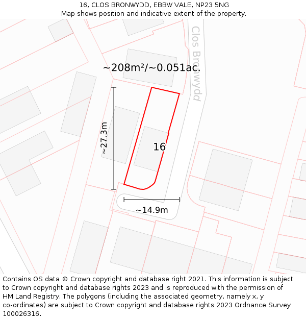 16, CLOS BRONWYDD, EBBW VALE, NP23 5NG: Plot and title map