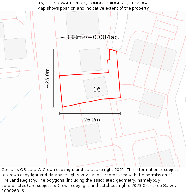 16, CLOS GWAITH BRICS, TONDU, BRIDGEND, CF32 9GA: Plot and title map