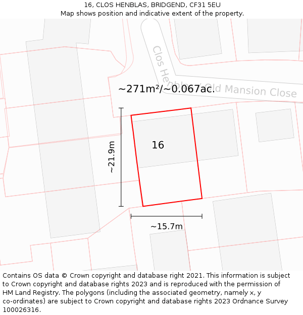 16, CLOS HENBLAS, BRIDGEND, CF31 5EU: Plot and title map