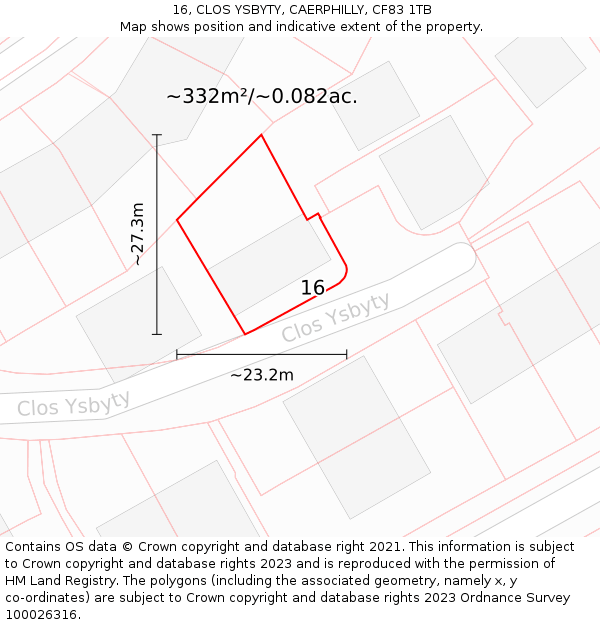 16, CLOS YSBYTY, CAERPHILLY, CF83 1TB: Plot and title map