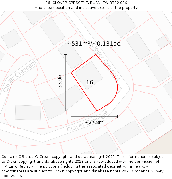 16, CLOVER CRESCENT, BURNLEY, BB12 0EX: Plot and title map