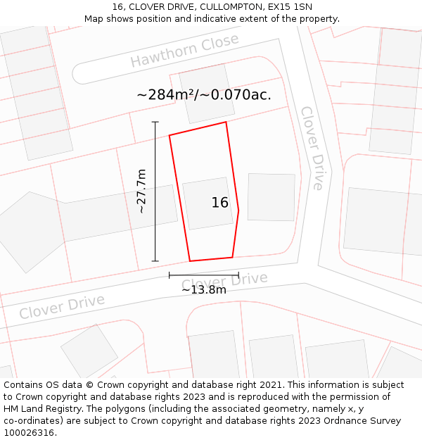 16, CLOVER DRIVE, CULLOMPTON, EX15 1SN: Plot and title map
