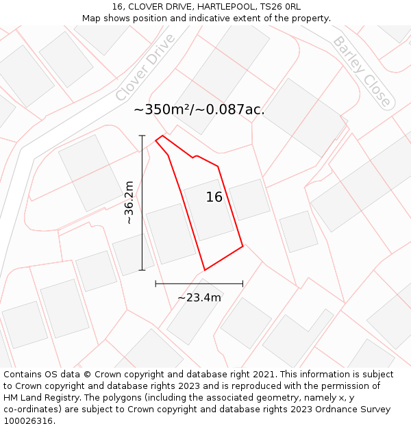16, CLOVER DRIVE, HARTLEPOOL, TS26 0RL: Plot and title map