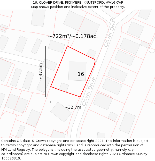 16, CLOVER DRIVE, PICKMERE, KNUTSFORD, WA16 0WF: Plot and title map