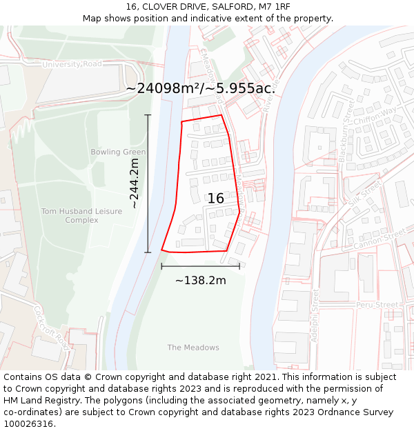 16, CLOVER DRIVE, SALFORD, M7 1RF: Plot and title map