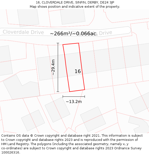 16, CLOVERDALE DRIVE, SINFIN, DERBY, DE24 3JP: Plot and title map