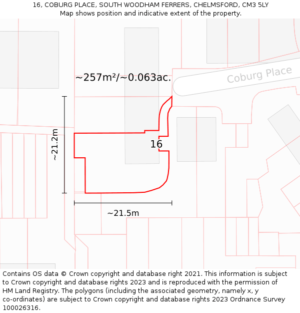 16, COBURG PLACE, SOUTH WOODHAM FERRERS, CHELMSFORD, CM3 5LY: Plot and title map
