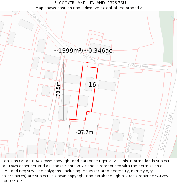 16, COCKER LANE, LEYLAND, PR26 7SU: Plot and title map