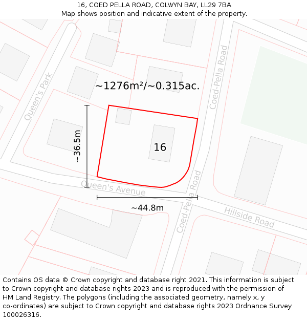 16, COED PELLA ROAD, COLWYN BAY, LL29 7BA: Plot and title map