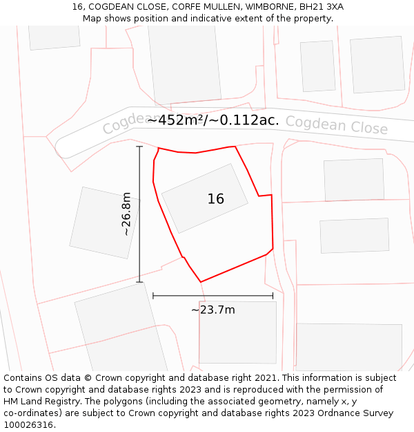 16, COGDEAN CLOSE, CORFE MULLEN, WIMBORNE, BH21 3XA: Plot and title map