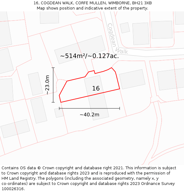 16, COGDEAN WALK, CORFE MULLEN, WIMBORNE, BH21 3XB: Plot and title map