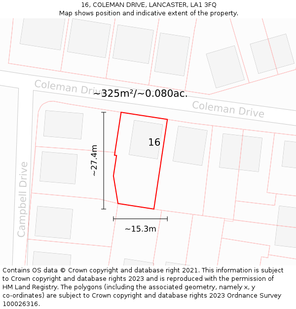 16, COLEMAN DRIVE, LANCASTER, LA1 3FQ: Plot and title map