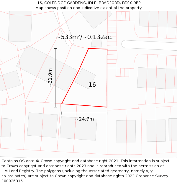 16, COLERIDGE GARDENS, IDLE, BRADFORD, BD10 9RP: Plot and title map