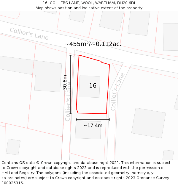 16, COLLIERS LANE, WOOL, WAREHAM, BH20 6DL: Plot and title map