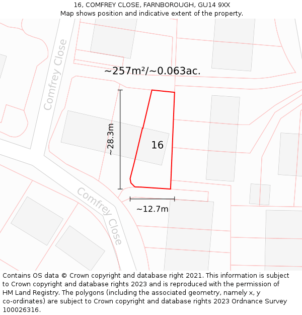 16, COMFREY CLOSE, FARNBOROUGH, GU14 9XX: Plot and title map