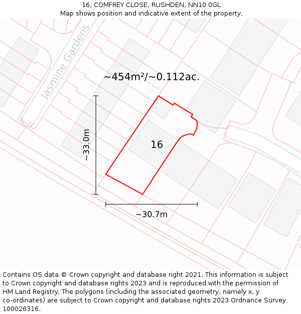 16, COMFREY CLOSE, RUSHDEN, NN10 0GL: Plot and title map