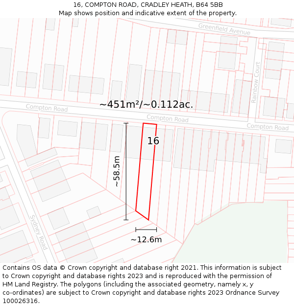 16, COMPTON ROAD, CRADLEY HEATH, B64 5BB: Plot and title map