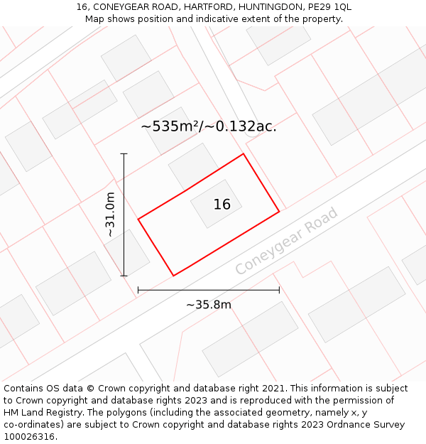 16, CONEYGEAR ROAD, HARTFORD, HUNTINGDON, PE29 1QL: Plot and title map