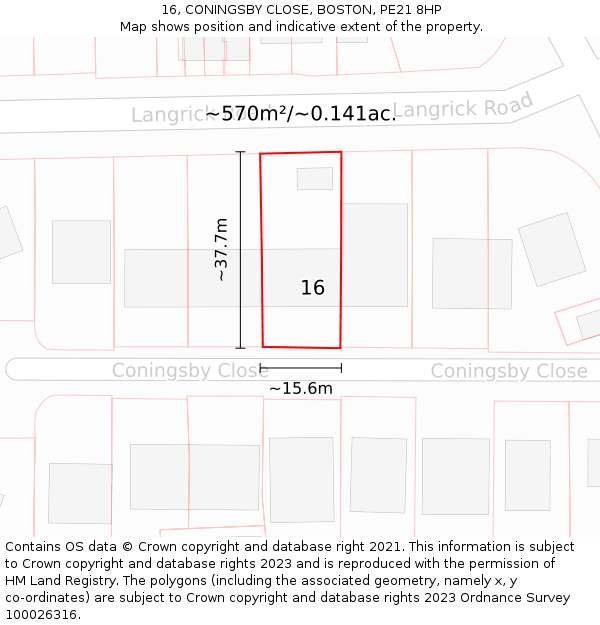 16, CONINGSBY CLOSE, BOSTON, PE21 8HP: Plot and title map