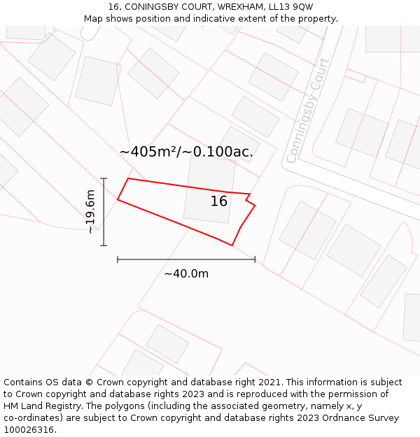 16, CONINGSBY COURT, WREXHAM, LL13 9QW: Plot and title map