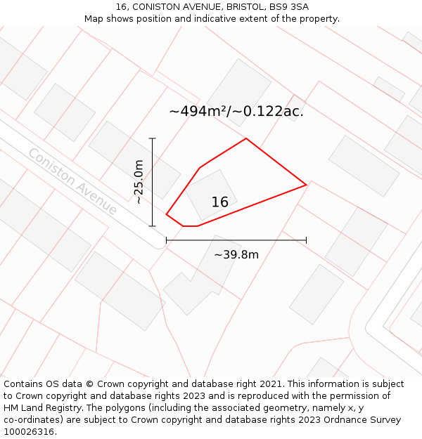 16, CONISTON AVENUE, BRISTOL, BS9 3SA: Plot and title map