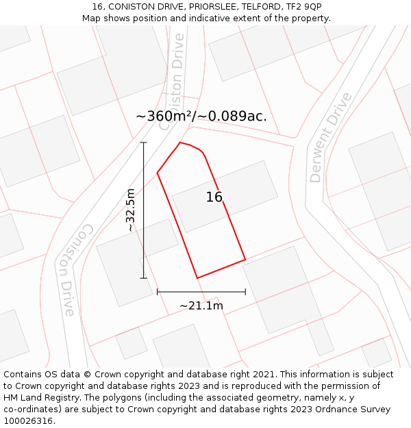 16, CONISTON DRIVE, PRIORSLEE, TELFORD, TF2 9QP: Plot and title map